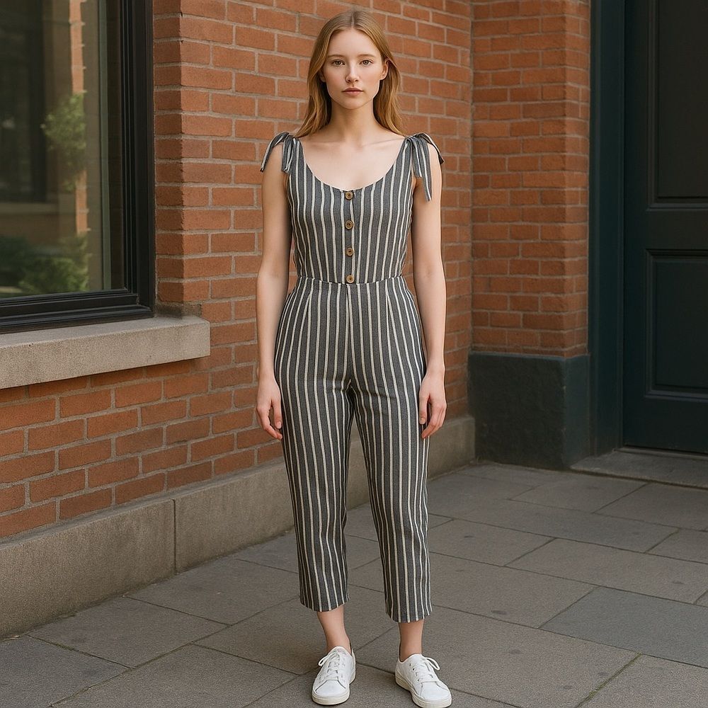 Mod Ref Blue White Stripe Capri Style Jumpsuit Size Small - Picture 15 of 15